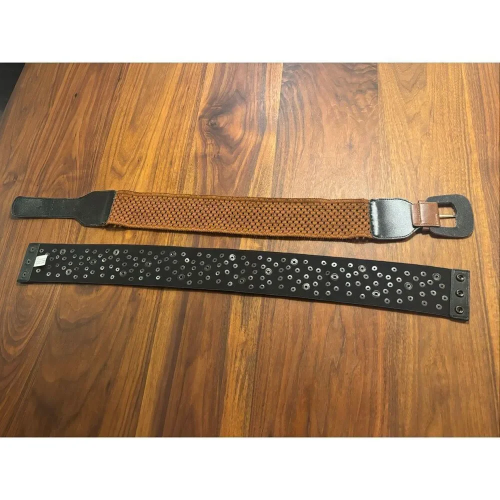 Lot of 2 Womens Black Brown Leather Woven Studded Wide Elastic Belt Small/Medium